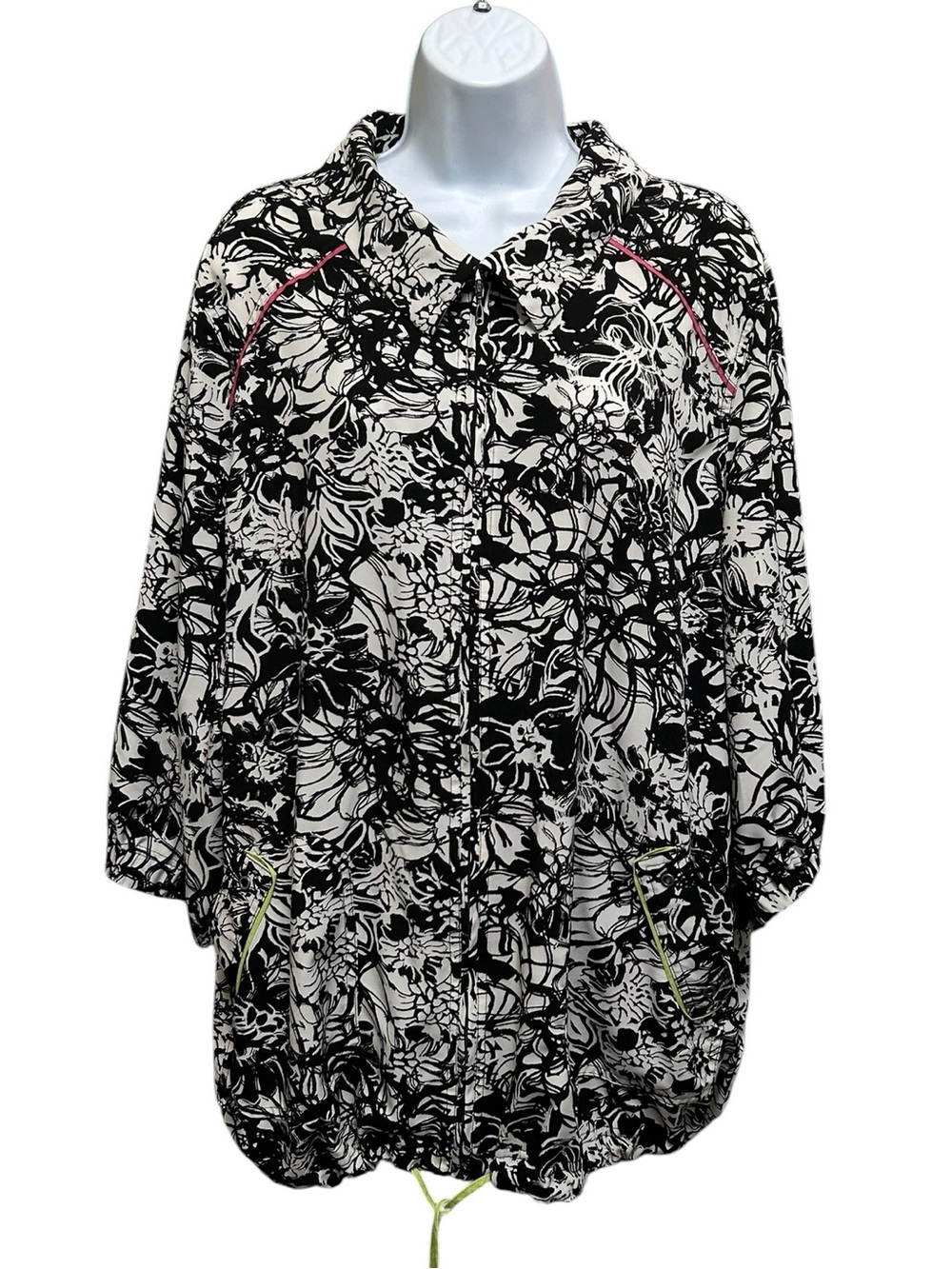 CJ Banks Black White Floral Zip Front Drawstring Waist Lightweight Jacket Sz 2X